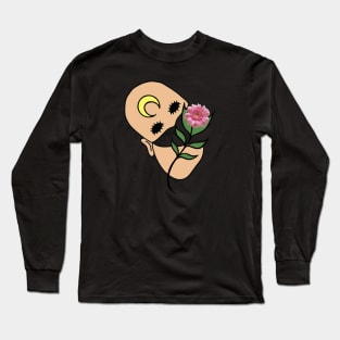 Surreal Face with Moon on Forehead and Pink Gerber Daisy Long Sleeve T-Shirt